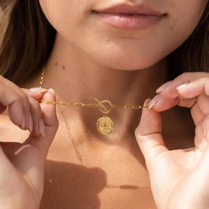 SOFYBJA Saint Benedict Necklace Drop 18K Gold Toggle Medallion Coin Cross Pendant Necklaces Religious Jewelry Catholic Gift for Women - color: Gold Iris