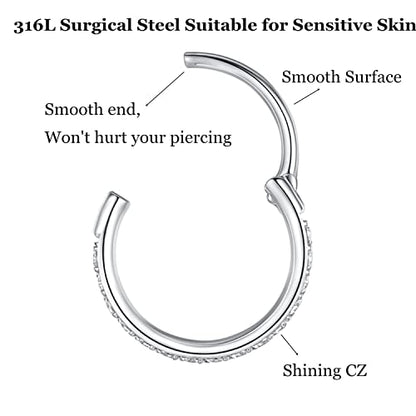 CZ Hinged Segment Nose Rings Hoop 316L Surgical Steel Cubic Zirconia Conch Daith Helix Tragus Body Piercing Jewelry Lip Rings Cartilage Earrings 20G 18G 16G Stainless Steel Septum Clicker Ring - color: Silver, size: 20 Gauge 8mm