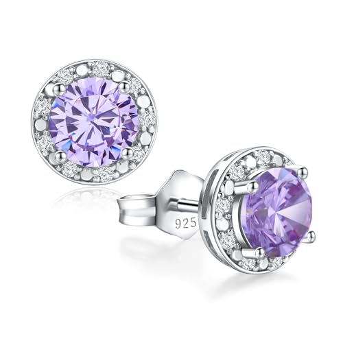 Dainty Birthstone Earrings for Women Sterling Silver Small Stud Earrings with Halo Cushion/Round Created Gemstone Earrings Birthstone Jewelry - style: B 06. Jun./created alexandrite-round cut