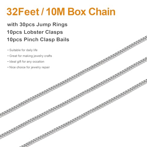 Kyutong 10M Silver Box Chain Links with Bulk Stainless Steel Necklace Chain | 32.8 Feet Silver Craft Chains with Lobster Clasps Pinch Clip Clasps for DIY Handcraft Jewelry Making - color: Silver-8