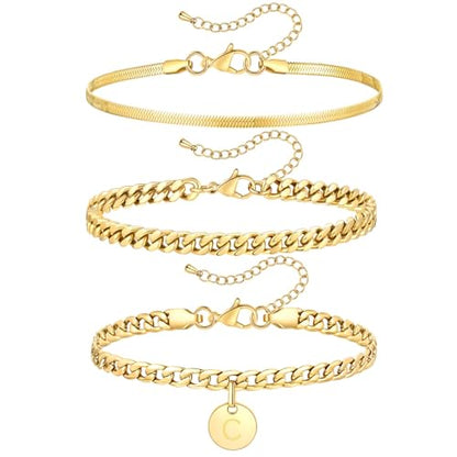 FOSIR Gold Initial Ankle Bracelets for Women, 14k Gold Plated Layered Anklets for Women 3Pcs Waterproof Stainless Steel Cuban Link Herringbone Chain Anklets Set - style: C-gold