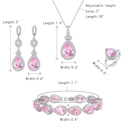 Crysdue Wedding Bridal Teardrop CZ Pendant Necklace Open Ring Dangle Earrings Adjustable Slider Bracelet Jewelry Set, Birthday Mothers Day Christmas Jewellery Gift for Women/Mom/Wife - style: 03-4 pcs Round&Teardrop- Pink Silver-Tone