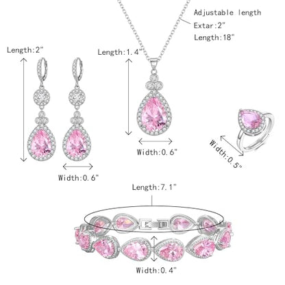 Crysdue Wedding Bridal Teardrop CZ Pendant Necklace Open Ring Dangle Earrings Adjustable Slider Bracelet Jewelry Set, Birthday Mothers Day Christmas Jewellery Gift for Women/Mom/Wife - style: 03-4 pcs Round&Teardrop- Pink Silver-Tone
