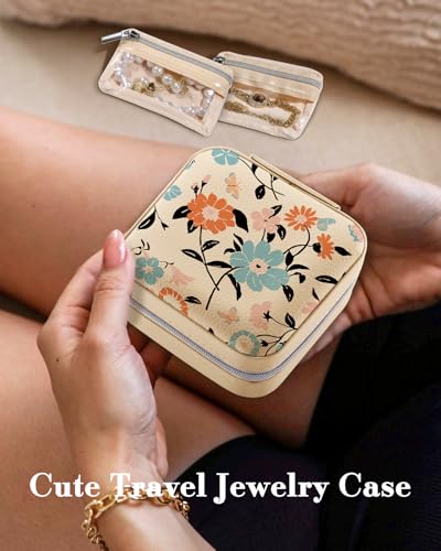 Bistup Travel Jewelry Case - Small Jewelry Organizers and Storage Box for Women Girls Teens Cute Traveling Jewelry Holder with Mirror Little Tiny Compact Blue Floral Modern Unique Aesthetic Pretty - style: Blue Flower
