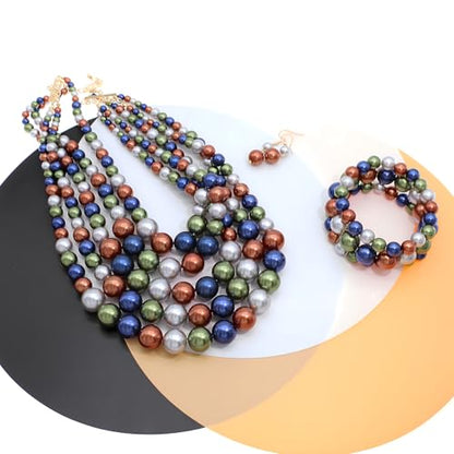 Faux Big Pearl Srand Necklaces for Women 5 Layers Pearls Choker Bib Collar Necklace Bracelet and Earrings set 1920s Costume Pearl Jewelry Bridal Wedding - color: colorful navy blue
