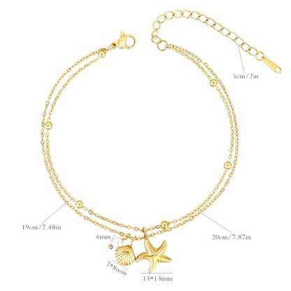 Gold Ankle Bracelets for Women, Waterproof Anklets Dainty Beach Anklet Adjustable Link Chain Cute Stainless Steel Anklets Summer Beach Shell Starfish Pearl Foot Jewelry Non Tarnish Lightweight - color: Anklet-Gold