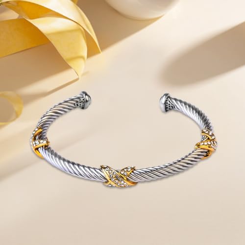 Twisted Cable Cuff Bracelets for Women 5mm Stainless Steel Cuff Bangle Bracelet Designer Inspired Jewelry Valentine Day Gift - color: C Silver & Gold