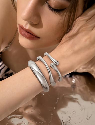 Chunky Gold Bangle Bracelets for Women – 14k Gold Plated | Cuff Bangles, Stackable Bracelet Set, Wide Trendy Fashion, Jewelry Gift - color: 01-Silver-3pcs