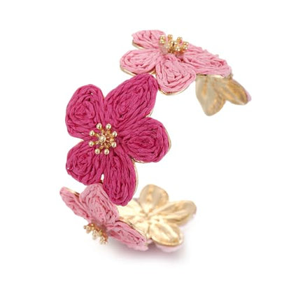 RUOFFETA Raffia Flower Cuff Bracelet for Women, Floral Chunky Bangle Wide Open Cuff Statement Bracelet - color: Hot Pink Ombre