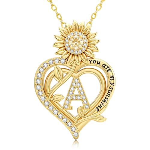 14K Gold Sunflower Initial Necklaces for Women | Heart Letter Pendant You Are My Sunshine Jewelry Gifts - style: A Initial