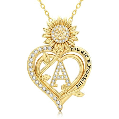 14K Gold Sunflower Initial Necklaces for Women | Heart Letter Pendant You Are My Sunshine Jewelry Gifts - style: A Initial