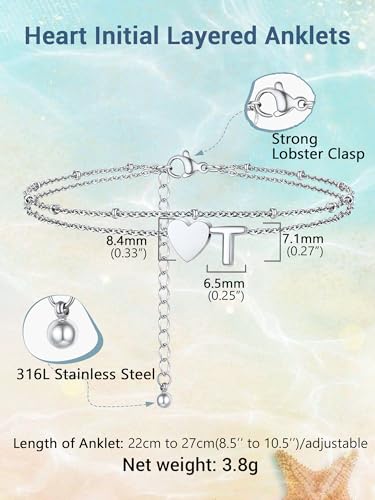 Initial Ankle Bracelets for Women, Dainty Stainless Steel Letter A-Z Layered Anklets, Heart Ankle Bracelet 8.5"-10.5" Adjustable, Summer Beach Jewelry, Come with Box - color: Silver, size: T
