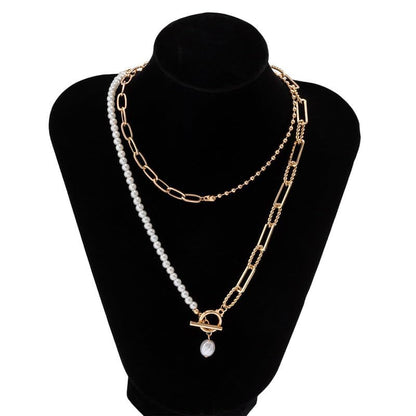 Layered Gold Necklace for Women Boho Turquoise Beaded Chain Set with Long Coin Pendant Trendy Y Necklace for Everyday Jewelry Gifts boho fashion fall fashion jewelry womens fashion - color: A-Golden paperclip pearl OT buckle necklace