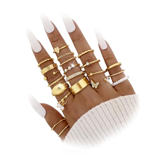 FAXHION 24-60 Pcs Gold Stackable Rings for Women, Knuckle Rings Chunky Gold Ring Set Dainty Stacking Cute Rings, Multiple Sizes Cute Jewelry Set Gift - style: Gold-21 Pcs