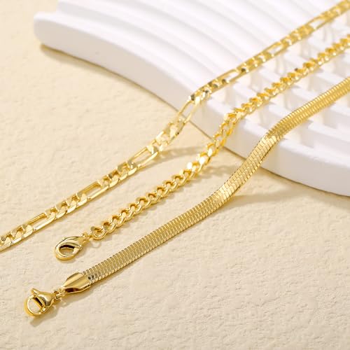 Plus Size Ankle Bracelets for Women - Extra Large 10"+2" Adjustable Anklet 14K Real Gold Plated Anklet Cuban Link, Figaro, Rope, Snake Herringbone - Summer Beach Waterproof Foot Jewelry - color: Curb,Figaro,Snake