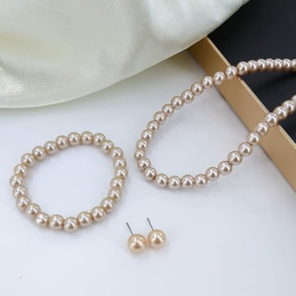 xuzhiyuan 10mm Faux Pearl Jewelry Set for Women, Classic 3-Piece Necklace Bracelet and Earring Set, Hypoallergenic Fashion Jewelry Gift for Mom Wife - color: Champagne