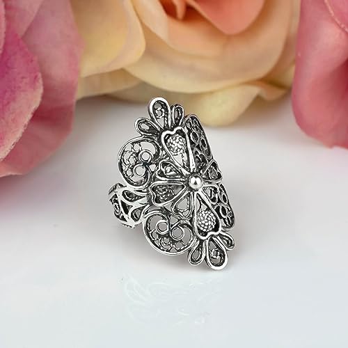 Filigranist 925 Sterling Silver Artisan Made Handcrafted Lace Embroidery Filigree Art Women Cocktail Statement Ring - style: Cross