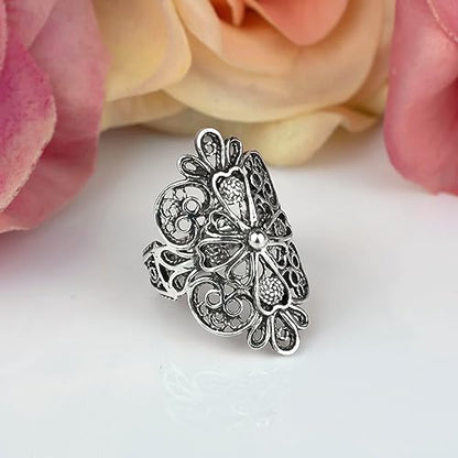Filigranist 925 Sterling Silver Artisan Made Handcrafted Lace Embroidery Filigree Art Women Cocktail Statement Ring - style: Cross