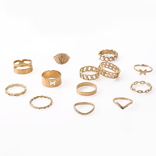 Todenb Gold Knuckle Rings Set for Women,Vintage Stackable Dainty Joint Finger Gold Jewelry Set,Butterfly pearl coin wave moon Stacking Rings Set Dainty Joint Finger Rings Midi Pinky Rings Pack