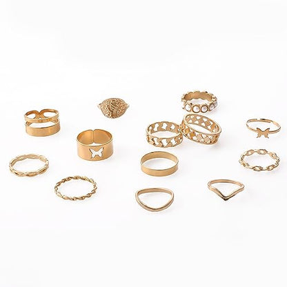 Todenb Gold Knuckle Rings Set for Women,Vintage Stackable Dainty Joint Finger Gold Jewelry Set,Butterfly pearl coin wave moon Stacking Rings Set Dainty Joint Finger Rings Midi Pinky Rings Pack