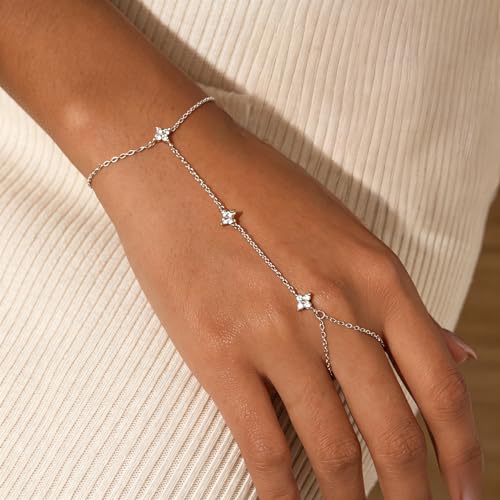 Bracelets for Women, Dainty Gold Silver Ring Bracelet Hand Chain | Cubic Zirconia Pearl Charms, 14K Gold Plated, Adjustable Fit, Trendy Stackable Link Chain, Waterproof Jewelry, Gift for Her - color: Silver-clover hand chain