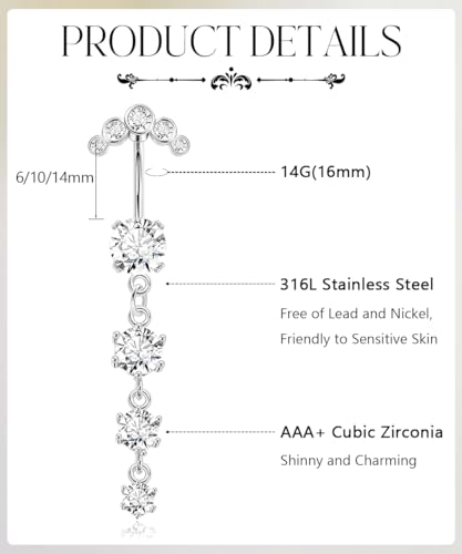 REVOLIA 5Pcs 14G Surgical Steel Dangle Belly Button Ring for Women Dangle Navel Ring Curved Belly Rings CZ Butterfly Barbell Body Piercing Jewelry - color: Silver, size: Bar Length 6MM