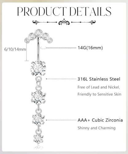 REVOLIA 5Pcs 14G Surgical Steel Dangle Belly Button Ring for Women Dangle Navel Ring Curved Belly Rings CZ Butterfly Barbell Body Piercing Jewelry - color: Silver, size: Bar Length 6MM