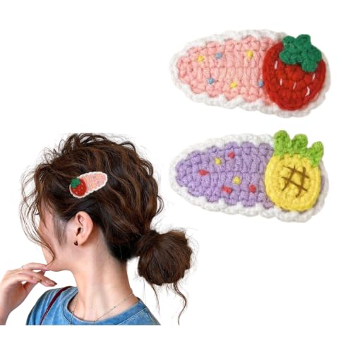 2 Pcs Funny Fruit Hair Clips Crochet Strawberry Grapes Peach Pineapple Hair Accessories - color: 2 Pcs Pineapple Strawberry
