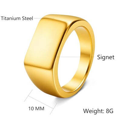 Mens Stainless Steel Plain Signet Rings 4/7/10/14MM Rectangular Pinky Rings | High Polish Classic Blank Thumb Rings, Everyday Comfit Wear, Gift for Men - color: Gold10