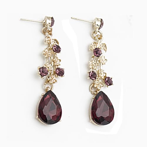 Bridal Bridesmaid Austrian Crystal Jewelry Set, Floarl rhinestone Statement Neckace Teardrop Necklace Drop Dangle Earrings Set - color: Amethyst-Gold Tone
