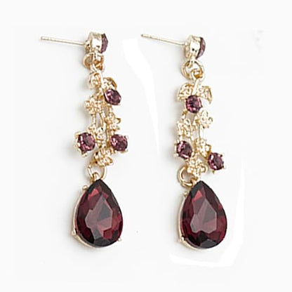 Bridal Bridesmaid Austrian Crystal Jewelry Set, Floarl rhinestone Statement Neckace Teardrop Necklace Drop Dangle Earrings Set - color: Amethyst-Gold Tone