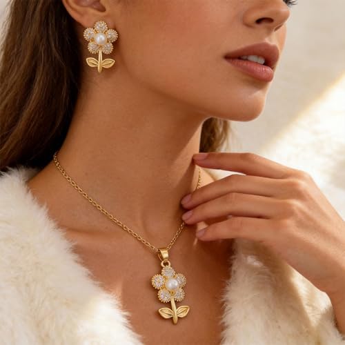 Wedding Jewelry Sets for Brides Bridesmaid Pearl Jewelry Set Fancy Gold Flower Necklace and Earrings Simple Pearl Necklace for Women Bridal Earrings Wedding Accessories Essentials Gifts - color: B1:2pcs flower jewelry set
