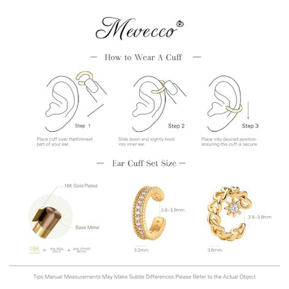 MEVECCO Ear Cuffs Non Piercing 18K Gold Plated Ear Cuff Earring Sets Clip on Cartilage Cubic Zirconia Pearl Minimalist Hypoallergenic Fake Hoop Earrings Stack Women Gifts - style: 2pcs-Chain