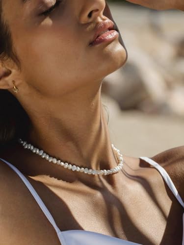 Aobei Pearl Gemstone Beaded Choker Necklace for Women Boho Turquoise/Cultured Freshwater Pearls/Garnet/Amazonite Jewelry - color: O White Baroque Pearl