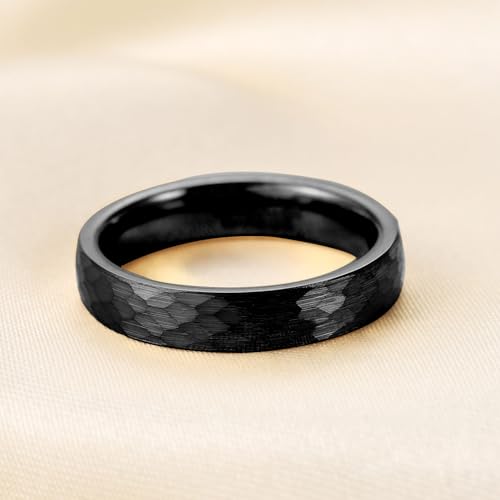 4-6mm Hammered Tungsten Wedding Band Matte for Men and Women | Matte Brushed Finish, Scratch and Fade Resistant, Engraved Faceted Pattern, Dome Profile, 4mm/6mm/8mm, Sizes 6–12 - color: 4mm Hammered Black