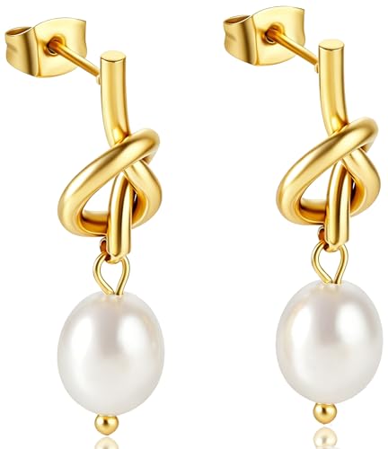 Pearl Earrings VeroSteel Dangle Earrings for Women, Dainty 14k Gold Huggie Hoop Earrings with Pearls, Trendy Pearl Drop Earrings, Stainless Steel Hypoallergenic Stud Earrings For Sensitive Ears - style: Cute Knot A
