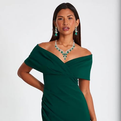 Bridal Bridesmaid Austrian Crystal Jewelry Set, Floarl rhinestone Statement Neckace Teardrop Necklace Drop Dangle Earrings Set - color: Emerald-Silver Tone
