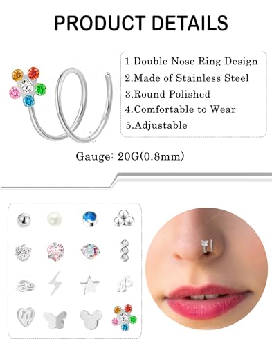 Akeoqi 16PCS Double Nose Ring Hoop For Single Piercing Stainless Steel Dangle Spiral Nose Rings Snake Flower Butterfly Planet Angel Wings Heart Ball Twist Earring Hoops Body Piercing Jewelry For Women - color: A: Silver-1