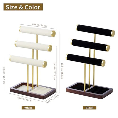 modern T-shaped jewelry rack, jewelry tower, gold metal, square ceramic base decoration display tower, necklace, bracelet, ring storage rack (3-layer black velvet) - style: 3-layer black velvet