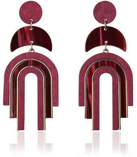 Ozel - Natural Wooden Acrylic Boho Drop Dangle Earrings for Women - Geometric Statement Jewellery - Brown, Black, Magent Red, Olive Green, White beige - color: Arch_Magenta