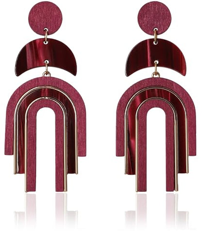 Ozel - Natural Wooden Acrylic Boho Drop Dangle Earrings for Women - Geometric Statement Jewellery - Brown, Black, Magent Red, Olive Green, White beige - color: Arch_Magenta
