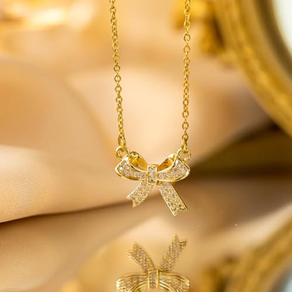 Gold Bow Necklace Bracelet Earrings Set for Women Bowknot Choker Necklace Ribbon Stud Earrings Silver Bow Bracelet Christmas Holiday Jewelry - color: Gold-1
