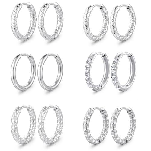 Small Hoop Earrings for Women, Stainless Steel Huggie Hoop earrings, 18G | 2/4/6 Pairs, 6mm/8mm/12mm Small Hoop Earrings, Lobe Helix Conch Tragus Daith Rook Cartilage Piercing Jewelry,Gold Silver - color: Silver-6 pairs Hoop Earrings-10mm