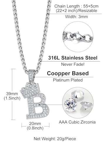 Richsteel Silver Crown Initial A-Z Letter Pendant Necklace for Men Women | Cubic Zirconia Monogram, 316L Steel Chain, 22" + 2" Extender,Hypoallergenic,Gift Box, Hip Hop Jewelry - style: B