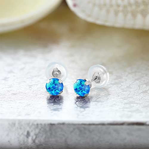 Gem Stone King 14K Gold Gemstone Birthstone Stud Earrings For Women Men | 4MM Round Cut | Solitaire Gold Studs with Secure Backs | Fine Jewelry for Her Him Mom Dad Wife - color: Blue Simulated Opal-Cabochon-October