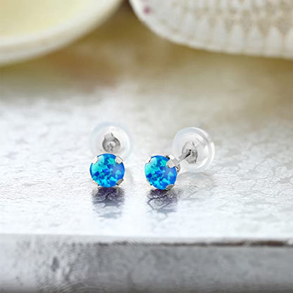 Gem Stone King 14K Gold Gemstone Birthstone Stud Earrings For Women Men | 4MM Round Cut | Solitaire Gold Studs with Secure Backs | Fine Jewelry for Her Him Mom Dad Wife - color: Blue Simulated Opal-Cabochon-October