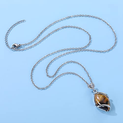 Jovivi Amethyst Rose Quartz Stone Necklace for Women Men, Full Wire Wrapped Natural Gemstone Reiki Healing Crystal Pendant Jewelry - color: Tiger Eye Crystal
