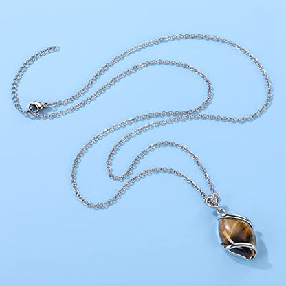 Jovivi Amethyst Rose Quartz Stone Necklace for Women Men, Full Wire Wrapped Natural Gemstone Reiki Healing Crystal Pendant Jewelry - color: Tiger Eye Crystal