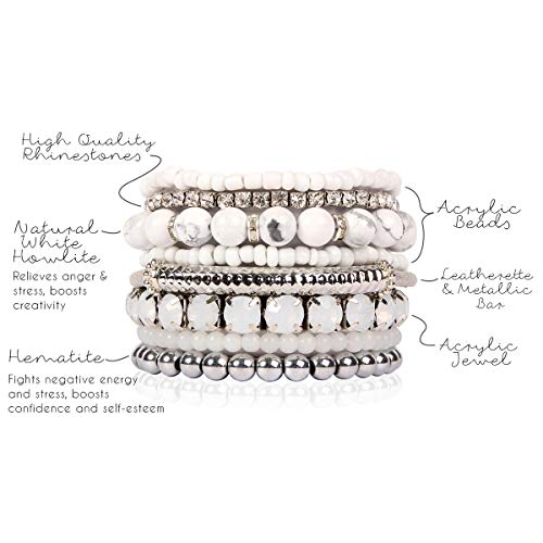 RIAH FASHION Multi Color Stretch Beaded Stackable Bracelets - Layering Bead Strand Statement Wrap Bangles - color: Natural Stone - White Howlite/Silver, size: 7.0 Inches Length