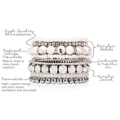 RIAH FASHION Multi Color Stretch Beaded Stackable Bracelets - Layering Bead Strand Statement Wrap Bangles - color: Natural Stone - White Howlite/Silver, size: 7.0 Inches Length